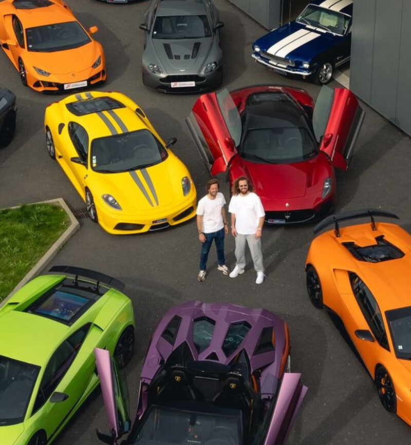 Charles de Saint-Seine and Maxime Langlais outside France Supercars showroom in Rennes with luxury cars
